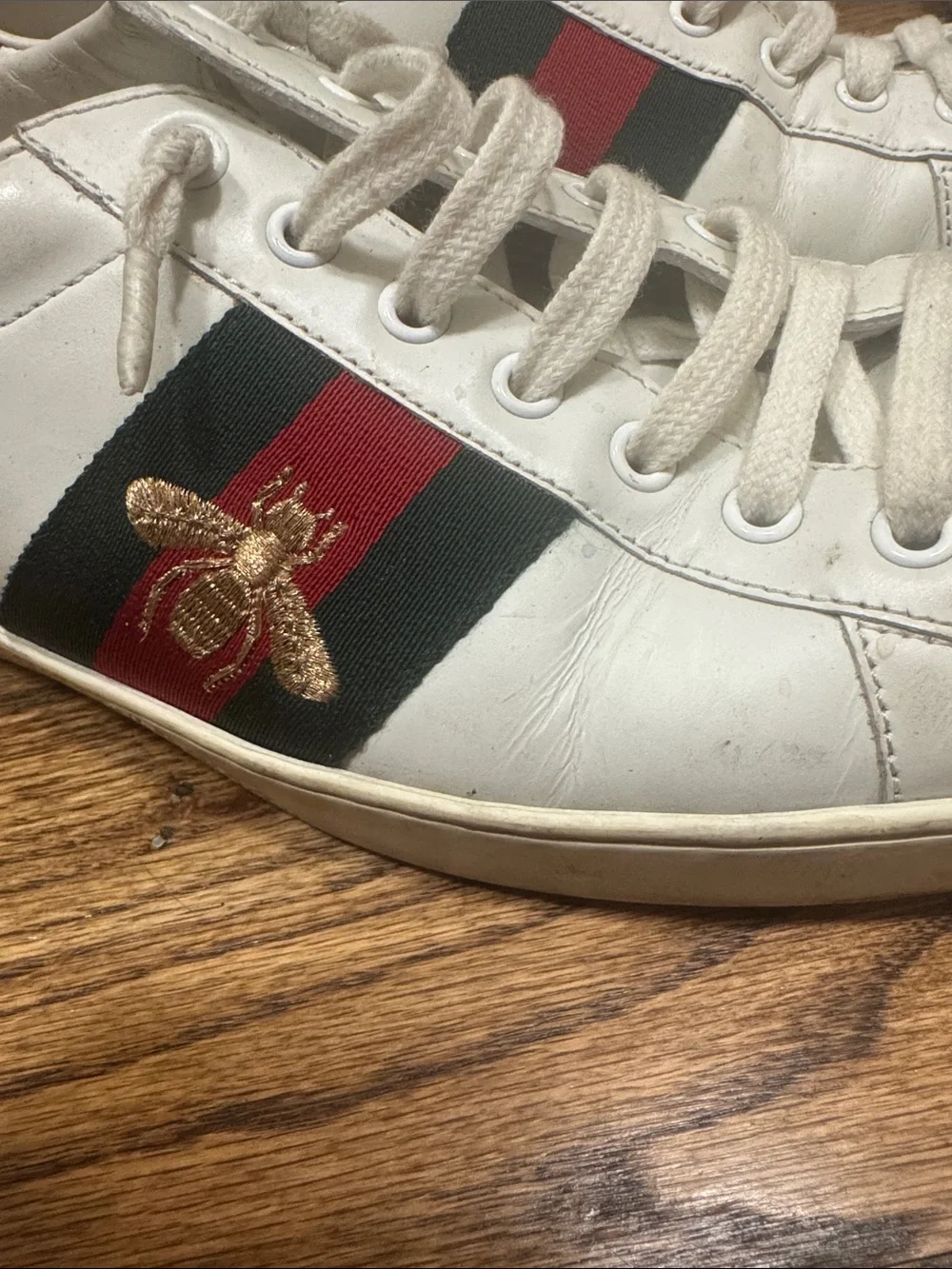 Gucci White Leather Sneakers Red & Green Stripe and Gold Bee. Ace Embroidered